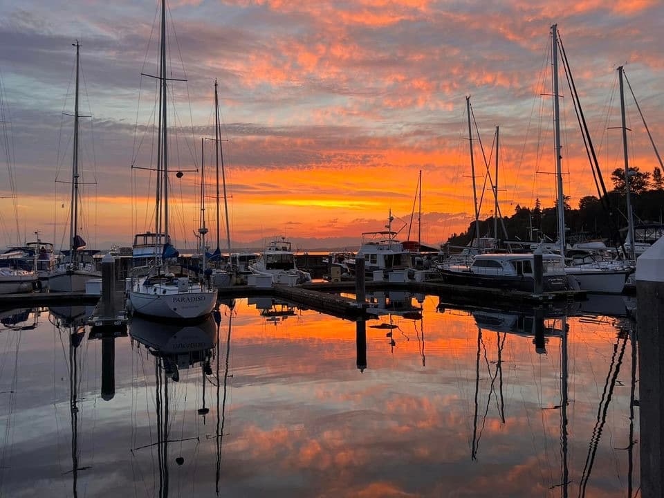 Golden-hour sunset over the marina on Lake Sammamish